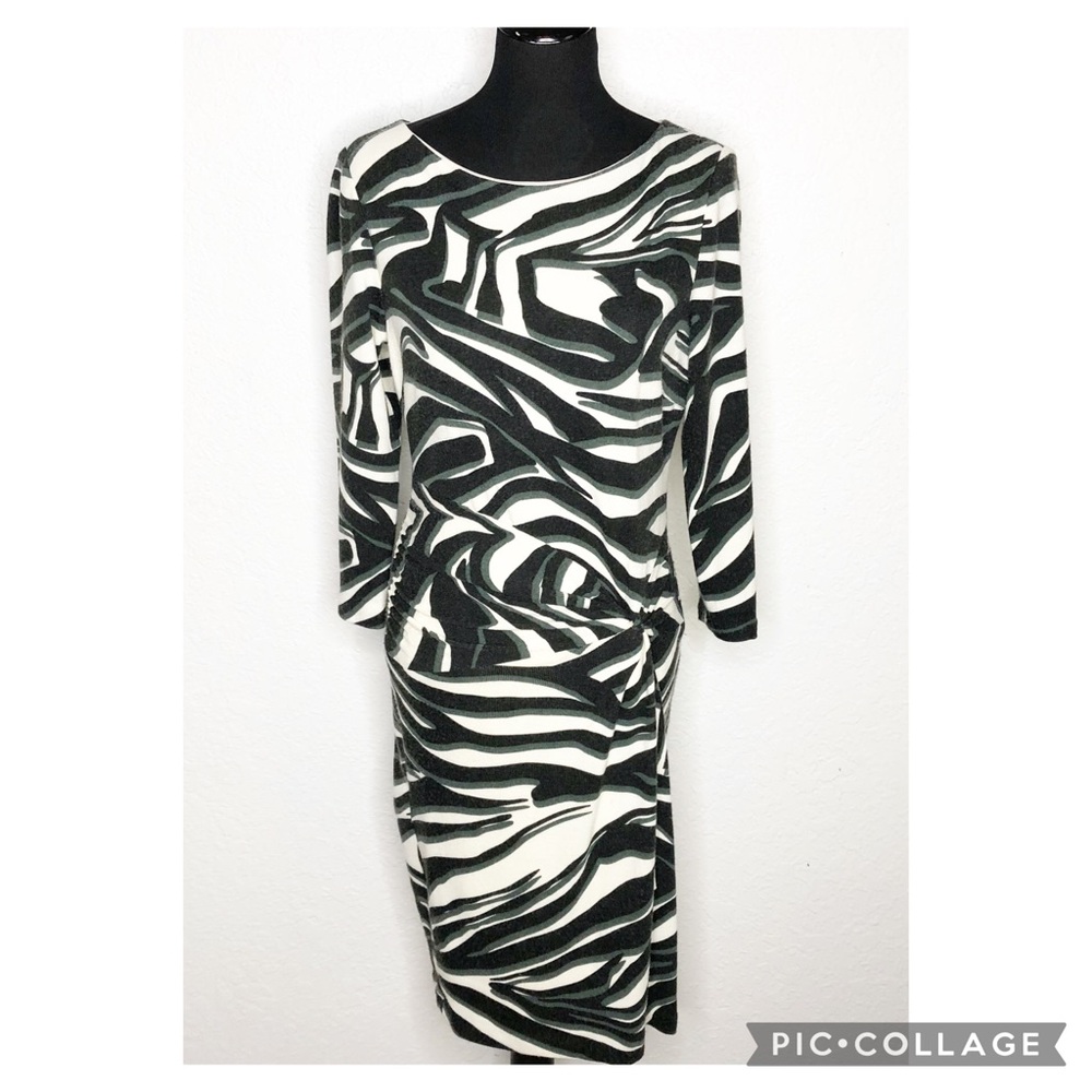 Cache black cream green animal striped print knit midi dress